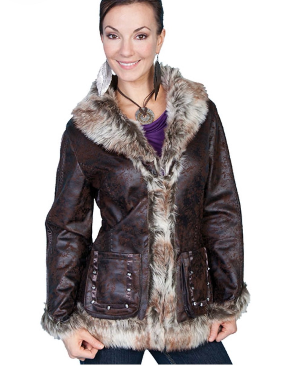 Scully Faux Shearling Fur Trim Western Jacket Brown Studded M